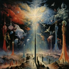 a painting of a large star surrounded by other things