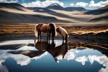 portrait of Icelandic horse in iceland landscape. generative ai - obrazy, fototapety, plakaty