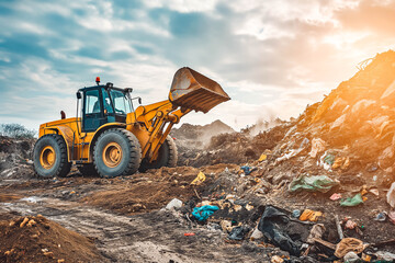 Yellow wheel loader with lifted scrap grapple moving a pile of garbage on garbage dump
