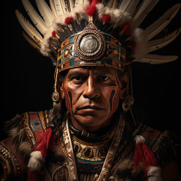 Portrait of a Man dressed like Moctezuma the historic aztec general 