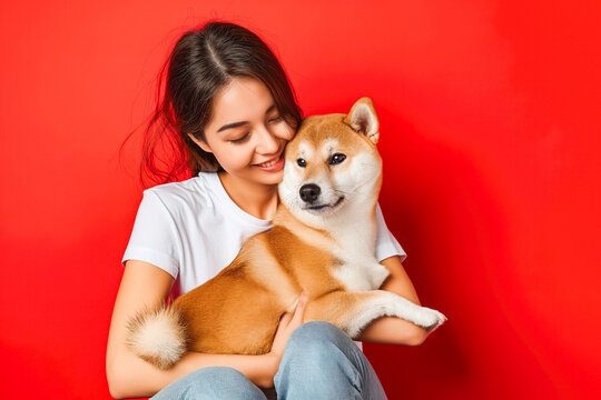 Cute brunette woman in white t shirt and jeans holding and embracing Shiba Inu dog on plane red background. Love to the animals, pets concept