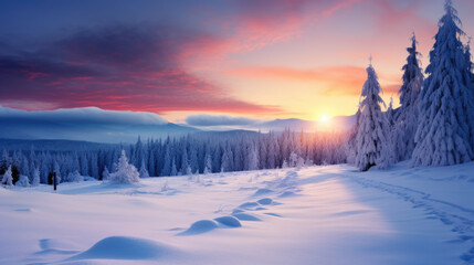 Winter sunrise in a snowy forest landscape.