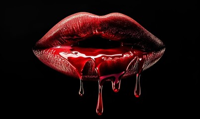 dripping red kiss mark lips on black background - obrazy, fototapety, plakaty