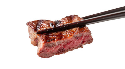 Succulent grilled steak piece held by chopsticks, transparent PNG ideal for menus and food content.