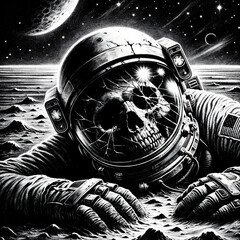 Black and white bold chalk drawing of a dead astronaut. The astronaut lies motionless on an...