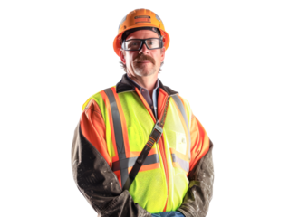 Confident worker in hi-vis gear and hardhat, isolated PNG - ideal for construction themed projects.