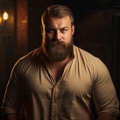 Obraz premium portrait of blond mature man, beefy rotund handsome male persona. style, elegant, crew cut, full beard, smile. gentle, loving, kind, tender guy. earth tones, dark background.