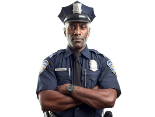 Stoic police officer in uniform, badge visible, on transparent PNG background, ideal for various design uses.