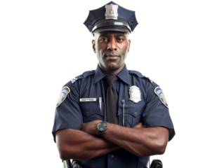 Stoic police officer in uniform, badge visible, on transparent PNG background, ideal for various design uses.