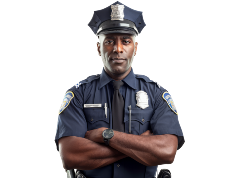 Stoic police officer in uniform, badge visible, on transparent PNG background, ideal for various design uses.