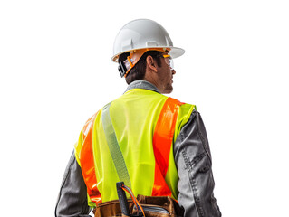 Construction worker in high-visibility vest and helmet, rear view, transparent PNG, ideal for safety and industrial designs.