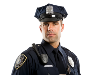 Stoic police officer in uniform, badge visible, on transparent PNG background, ideal for various design uses.