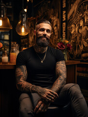 Professional male tattoo master relax in the bar after work 