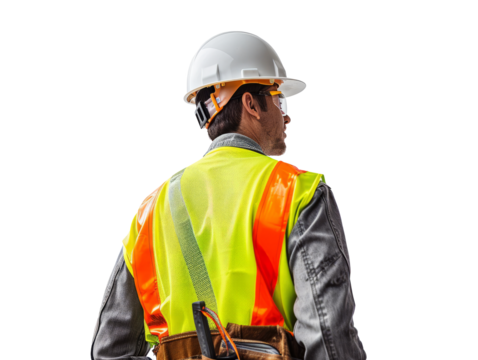 Construction worker in high-visibility vest and helmet, rear view, transparent PNG, ideal for safety and industrial designs.