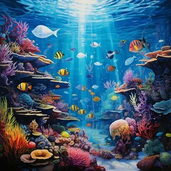 a painting of an underwater scene with fish and corals