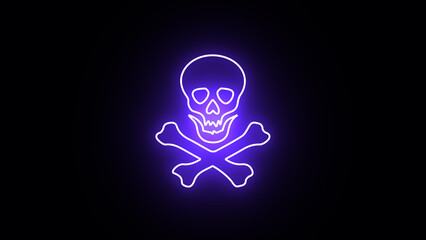 Neon glowing Skull and Crossbones Icon on black Background. Neon Skull & Crossbones Sign. Can be used for warning sign, banner, web design.