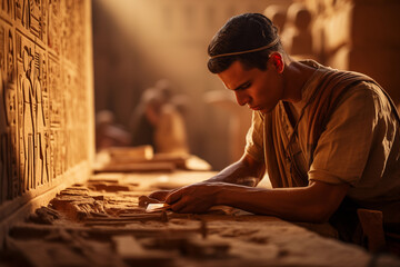 young egyptian man working on ancient relief with hieroglyphs - obrazy, fototapety, plakaty