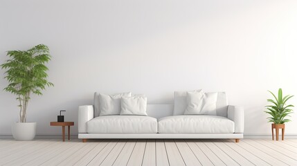 empty white wall for writing, minimalist beige living room interior, sofa on wooden floor,