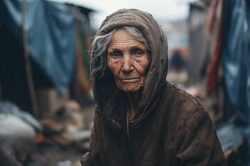 sad very old poor woman in refugee camp
