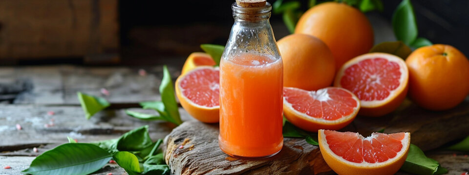 Freshly squeezed grapefruit juice. Grapefruit juice and ripe grapefruits on a wooden background.