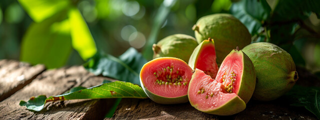 guava on wooden background and nature background.