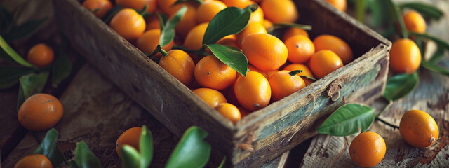 kumquat in a box on a wooden background, nature. - obrazy, fototapety, plakaty
