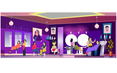 Group of girls servicing at the modern style beauty salon. Vector illustration.