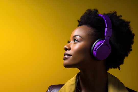 black woman listening to music with yellow headphones and a violet background An ultra-realistic photograph of a working woman in 90s.AI generated