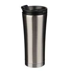 Thermos cup as a model, clean material. Metal clean thermos cup with black lid, blank for text. Copy space. Isolated white background, Different shooting angle, clipping path.
