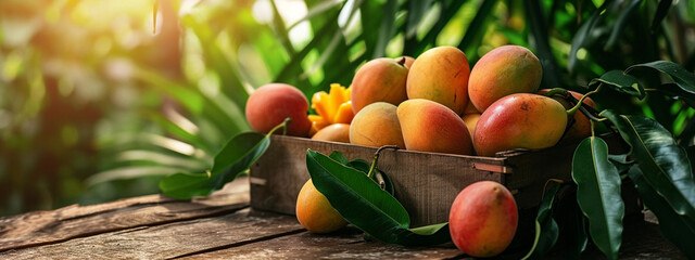 Fresh tasty sweet mangoes in a wooden box on a wooden background
