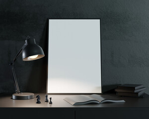 White blank poster with frame on dark background desk with chess and desklamp