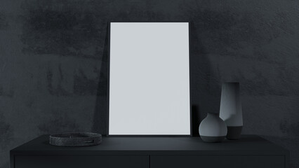 White blank poster with frame on dark wall and desk with vases