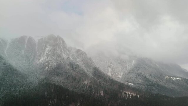 Aerial view of Bucegi mountains landscape in the winter season