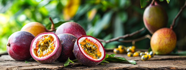 Fresh passion fruit on a wooden background. Tropical fruits - obrazy, fototapety, plakaty