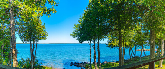 View from house on the island lake, view from cottage or villa balcony in Manitoulin Island. Sunny...
