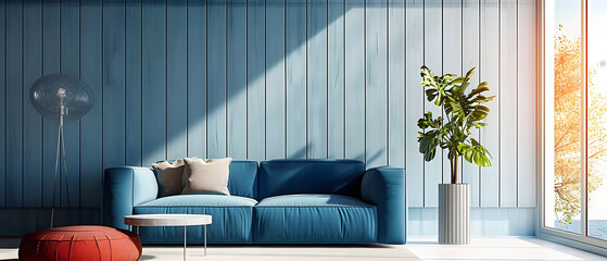 Blue sofa against paneling wall. Minimalist loft home interior design of modern living room,in the style of monochromatic whithe figures,fragmented architectur,coastal and harbor views,capture the ess