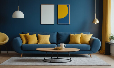 Modern Elegance: A Stylish Blue Living Room with Yellow Accents