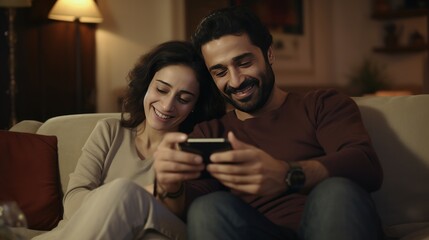 Fototapeta premium Tech-savvy at home: Mid adult man relaxes on the sofa, introducing a new app to his African American wife on their cellphone.