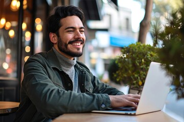 Fototapeta na wymiar Smiling young Latin business man using laptop sitting outdoor. Happy guy student or professional looking away in city cafe elearning, hybrid working, searching job online thinking, Generative AI
