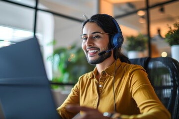 Happy Indian call center agent wearing headset talking to client working in customer support office. Professional contract service telemarketing operator using laptop for conversation. Generative AI - obrazy, fototapety, plakaty