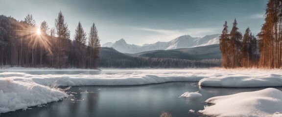 A winter landscape with a frozen lake and a coniferous forest on the background, covered with snow. Snowy mountains in the background. - obrazy, fototapety, plakaty