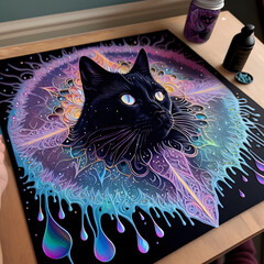black cat in front of an space carpet