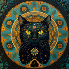 black cat in front of a mandala