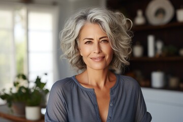 Portrait of a smiling mature woman with gray hair - obrazy, fototapety, plakaty