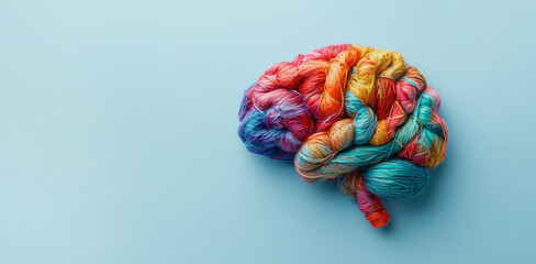 Human brain made of multi-colored tangled threads on blue background, banner with copy space, concept of neurodiversity and mental problems