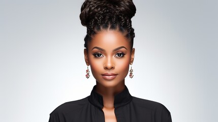 portrait of a beautiful black woman with a bun hairstyle - obrazy, fototapety, plakaty