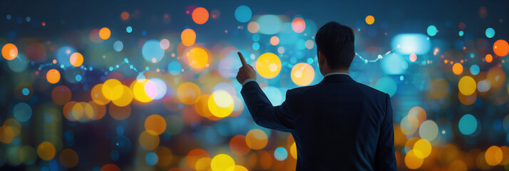 businessman in suit standing pointing at graph, in the style of night photography, bokeh, uhd image, contemporary metallurgy, hand-drawn, commission for - obrazy, fototapety, plakaty