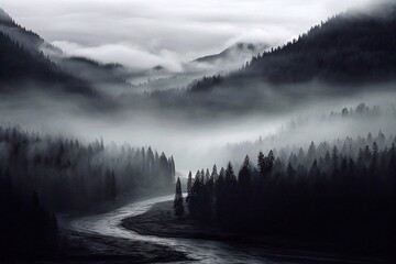 Mist over the mountains. Foggy mountain landscape with a river flowing through the forest. - obrazy, fototapety, plakaty