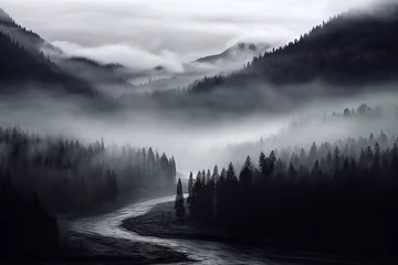 Poster Mist over the mountains. Foggy mountain landscape with a river flowing through the forest. © Oleh