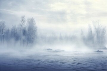 Foggy morning on the river in winter. Winter landscape.